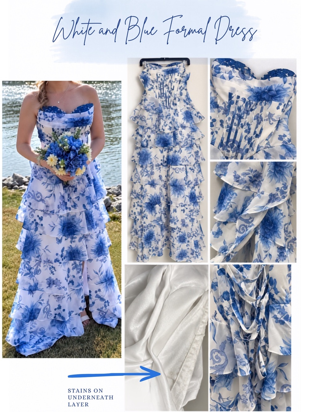 Blue and White Floral Strapless Formal Dress